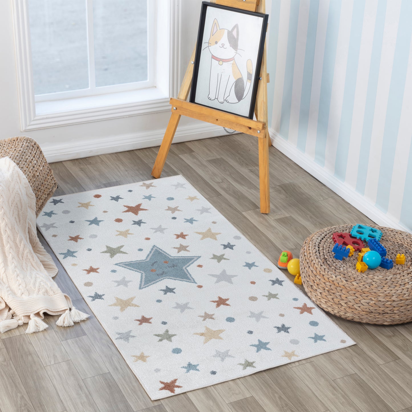 SHAMIA Alfombra Infantil Lavable en Maquina I Alfombra Dormitorio, Niño, Niña, Bebé, Sala de Juegos, Pelo Suave I Multicolor, Azul